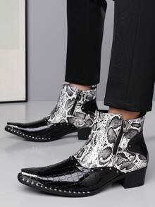 QRLQRL 1 Pasang Sepatu Bot Chelsea Pria Ujung Lancip dengan Paku Keling Logam dan Rantai Samping, Modis, Gaya Punk Kelas Atas, Model Slip-On, Bahan PU, Sol Karet, Nyaman untuk Penggunaan Sehari-hari dan Kasual. - Hitam - View 5