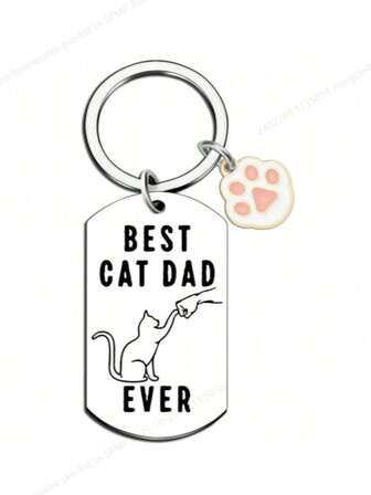 Cute Cat Themed Stainless Steel Keychain, Engraved Dog Tag Gift For Dad