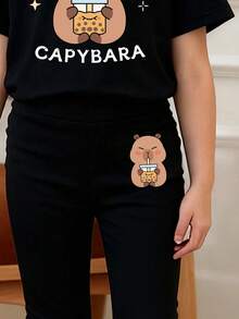 女童卡通印花短袖上衣和修身喇叭裤套装 - 黑色 - 查看 4