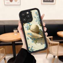 Phone Case With Black Border And Blue Floral Design With Straw Hat For Women, Elegant Spring Style, Ideal For Daily Use In Cafes And Outdoor Outings Suitable For Apple Series Phones - Burgundy - View 1