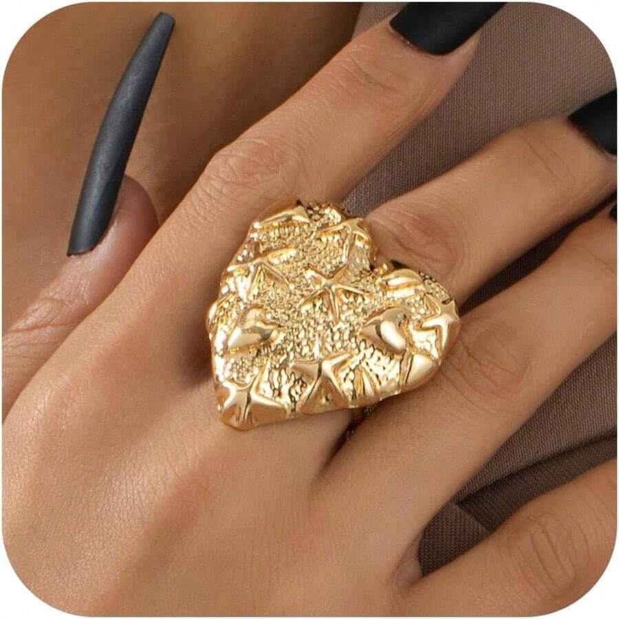 Starfish Statement Ring Women Stainless Steel Seashell Rings Opening Adjustable Gold Silver Starfish Ring Irregular Beach Rings Summer Beachy Ocean Jewelry - Gold Starfish Heart Ring - View 1