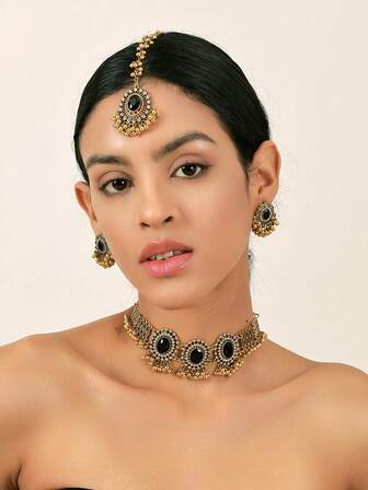Hot Selling 2024 - 4pcs/Set Zinc Alloy Antique Bronze Tone Women Jewelry Set, 1pc Black/White Oval Crystal Glass & Faux Pearl Gold Tone Necklace, 1 Pair Elegant Earrings, 1pc Bollywood Style Forehead Chain, Perfect Gift For Casual Wear & Festivals