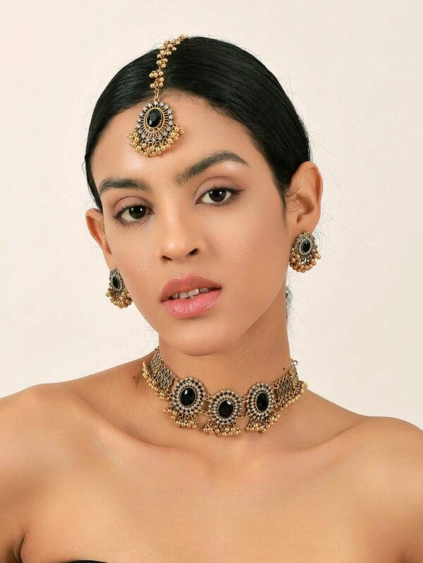 Mais vendidos 2024 - Conjunto de joias femininas em tom de bronze antigo de liga de zinco de 4 peças/conjunto, 1 peça de cristal oval preto/branco e colar em tom dourado de pérola falsa, 1 par de brincos elegantes, 1 peça de corrente de testa estilo Bollywood, presente perfeito para uso casual e festivais