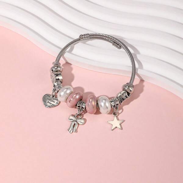 1 pièce Bracelet en acier inoxydable avec fausse perle, pendentif papillon, cœur en céramique rose. Accessoires DIY pour les amis, les fêtes ou les festivals. Saint-Valentin