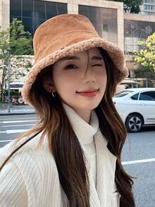 meetsunny 双面仿毛皮冬季渔夫帽，蓬松羊毛混纺保暖渔夫帽，可爱毛绒宽檐帽，男女通用，冬季服装 - 彩色 - 查看 7