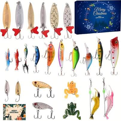 2026 Nytt 24-dagars adventskalender-presentset för fiskebeten, den bästa julklappen! Oumbärlig för höst-/vintersäsongen, inkluderar spinnbeten, hoppbeten, vibrerande beten, mjuka beten, swimbaits, jerkbaits med krokar, vikter, flöten, lämplig för fiskeentusiaster, kan användas i saltvatten och sötvatten, presentask för beten, flersektionerad elritsa, crawler, traktor, blyertsbeten, festpresent, födelsedagspresent, present till pojkvän, pappa, familj, make