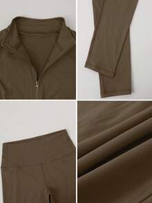 1 Set Women Elastic Zipper Casual Everyday Wear Stand Collar Design Waist Cinched Dance & Sports Outfit Spring - Brown - View 4
