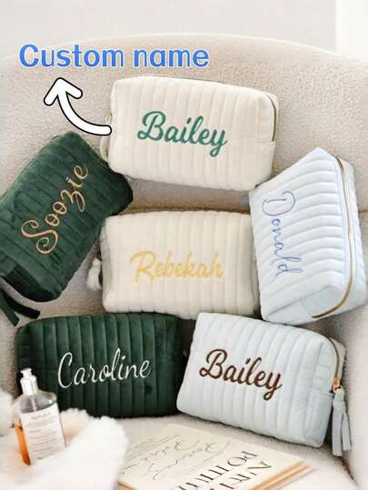 1pc Customized Embroidered Makeup Bag, Personalized Embroidered Travel Cosmetic Bag, Cute Personalized Makeup Pouch, Personalized Travel Toiletry Bag, Monogram Velvet Toiletry Bag, Unique Bridesmaid Gift, Women's Organizer Bag, Christmas Bag, Christmas Gift, Christmas Holiday Present, Ideal Gift For Her