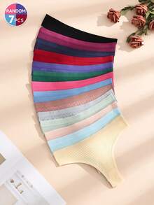 7pcs/Pack Women's Solid Color Low Waist Sexy Bikini Thong Panties, Casual Comfortable Minimalist Briefs, Cotton Breathable - 彩色 - 查看 3