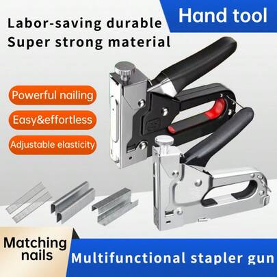 Multifunctional Heavy Duty Manual Staple Gun All In One Tool Effortless Operation Hard Metal Construction Battery Free Includes Assorted Staples Ready To Use For DIY Home Decoration Fixing Interior Upholstery Furniture Flooring Woodworking Renovation Projects