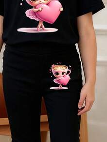 Toddler Girls' Cartoon Print Short Sleeve Top And Skinny Flared Pants Set - Black - View 4