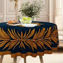 1pc Elegant Navy Blue & Golden Luxury Tablecloth With Golden Snowflake & Laurel Wreath Pattern - Wrinkle-Resistant Easy-Clean Christmas New Year Winter Party Decorations For Round Rectangular Dining Tables, Deep Blue & Golden Holiday Table Setting For Family Gatherings, Festive Home Decoration With Golden Accents, Ideal For Christmas, New Year's Eve, And Winter Events, Christmas Table Cloths, Christmas Background Cloth - 彩色 - 查看 6