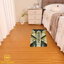 Tapete rectangular con diseño geométrico multicolor, Tapete decorativo con patrón de triángulos en tonos vivos como amarillo, verde, morado y turquesa sobre fondo oscuro. En el centro presenta una franja con texto que aporta un toque acogedor. Sus dimensiones son 67.5 cm de largo por 47.5 cm de ancho, ideal para colocar en entradas o pasillos. Fabricado en fibra sintética con base antideslizante, combina estilo moderno, resistencia y fácil mantenimiento. - MULTICOLOR RF-92 - Ver 7