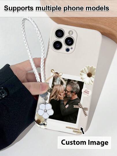 1pc Customizable White TPU Phone Case With Floral, Bow Pattern, Scratch-Resistant, And 1pc White Flower Lanyard, Compatible With Apple/Android/OPPO/Galaxy/Redmi
