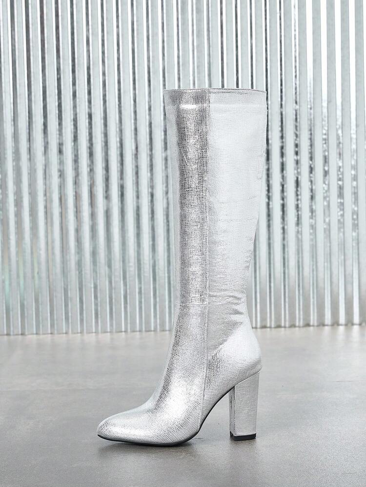 2025 Autumn/Winter Women's Fashion New Comfortable Solid Color Sequin Slip-On Knee-High Boots, High Heel Chunky Heel Boots, Ankle Boots, Western Cowboy Boots - Silver - View 8