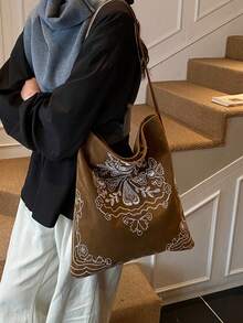 2025 New Bohemian Style Suede Tote Bag, Embroidered Pattern, Large Capacity, Relaxed Shoulder Bag
