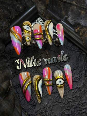 10pcs Long Stiletto Handmade WearableNails Press On Nails, Cute Nails Supplies, Nude&Purple&Blue&Orange Multi-Color Tie Dye Hand Drawn Geometric Patterns&Eye Cute, Suitable For Daily Use For Women And Girls Vacation, With 1 Jelly Pad And 1 Nail File