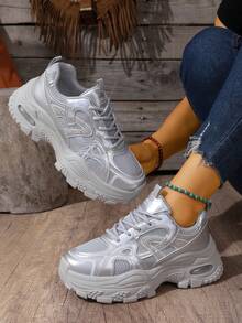 Zapatillas de plataforma gruesas para mujer, zapatos deportivos de moda de suela gruesa con puntera redonda y cordones, para uso al aire libre, senderismo, casual y deportivo, con parches de malla