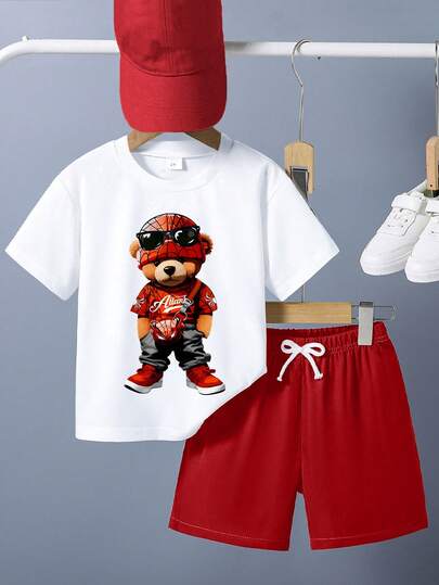 Young Boy Cartoon Print Short Sleeve T-Shirt And Shorts Set