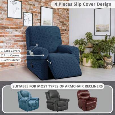 Conjunto de 4 Piezas de Sillón Reclinable para 1 Persona, Tela Jacquard Elástica, Suave y Lavable a Máquina (Estilo 2) (Azul Marino)