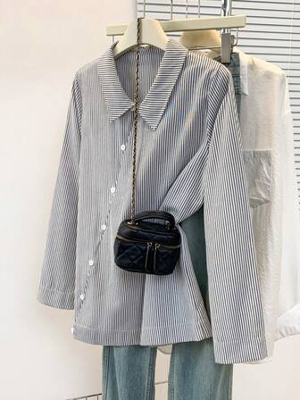 Women's Striped Button Vintage Style Black & White Vertical Stripe Oblique Placket Lapel Shirt, Niche Design Long Sleeve Blouse For Daily Office Wear, Autumn/Winter
