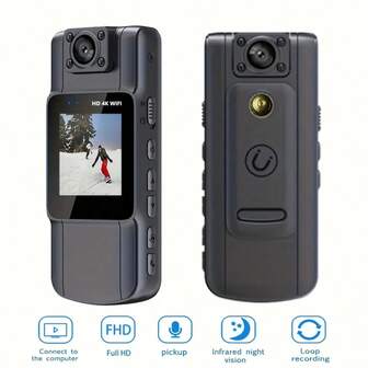 1pc 4K摄像头迷你磁吸手机带屏幕可观看便携式高清180视频录像机夜视摄像头夜视功能适用于户外运动骑行/执法证据摄像头。