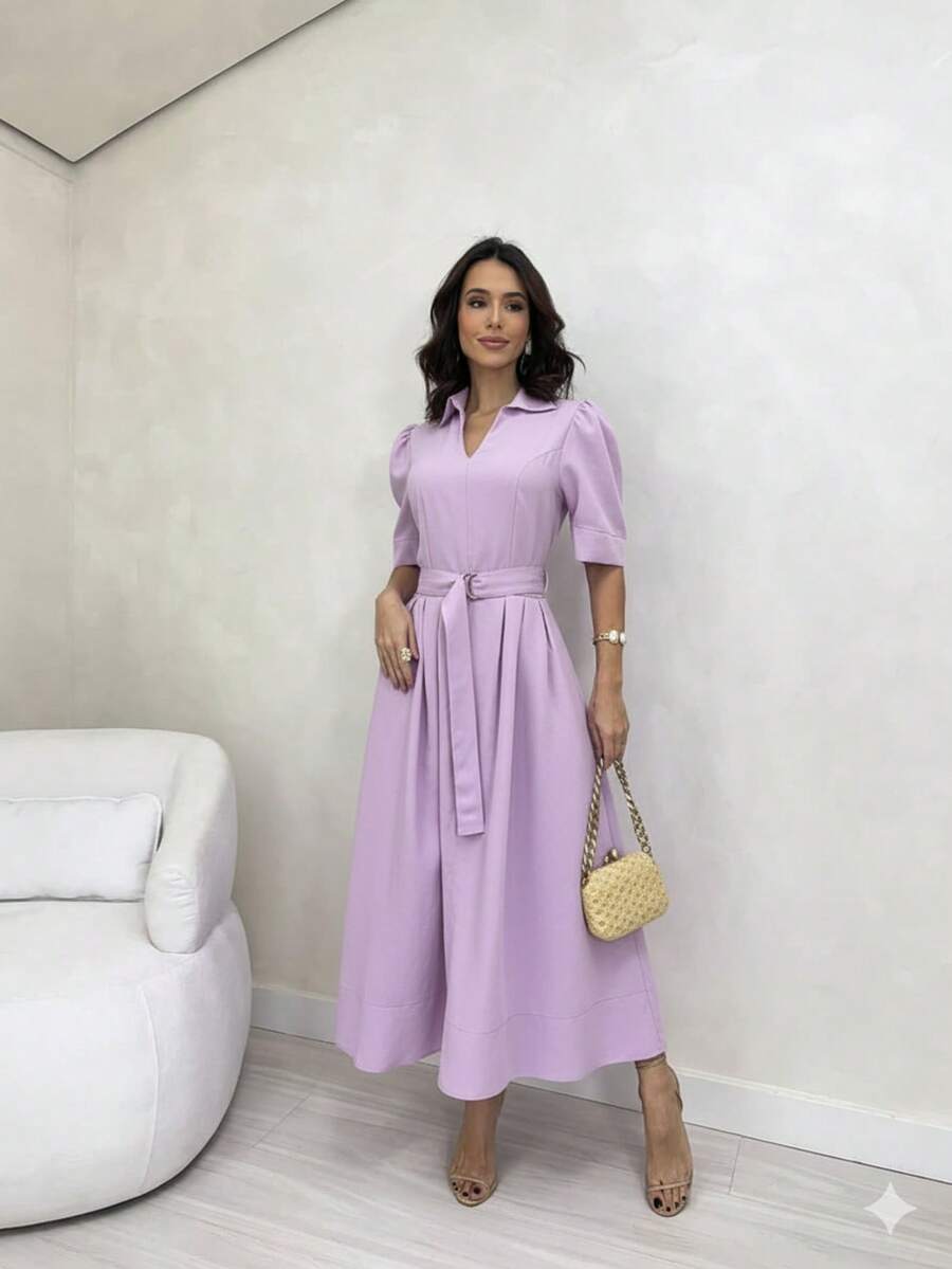 Midi Dress With Belt, Lapel Collar, And Princess Sleeves. - 柔和的薰衣草 - 查看 1