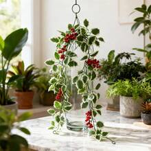 Christmas Garland Artificial Holly Leaves Garland Faux Greenery Vine For Table Mantle Fireplace Home Holiday Party Decor - Red Berries and White Leaves Vine (ahf614-980-1) - View 1