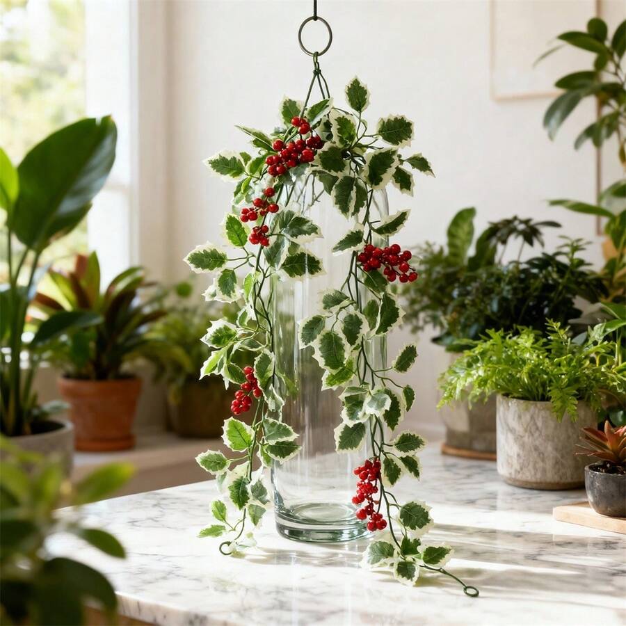 Christmas Garland Artificial Holly Leaves Garland Faux Greenery Vine For Table Mantle Fireplace Home Holiday Party Decor - Red Berries and White Leaves Vine (ahf614-980-1) - View 1