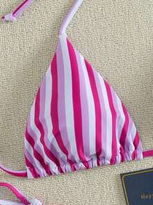 2pcs Fashionable Minimalist Personalized Women's Bikini Swimwear, Sexy Halter Backless Side Tie Design, Full Set Striped Print, Suitable For Spring/Summer Pool Party, Beach Holiday - Multicolor - View 4