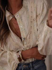 Spring Fashion Women's Button Front Floral Print Long Sleeve Polyester Blouse With Lace Detail And Stand Collar - Multicolor - View 9