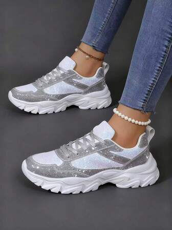 Ladies' Casual Sports Shoes Lightweight Thick-Soled Running Shoes Sequin Flash Versatile Casual Shoes