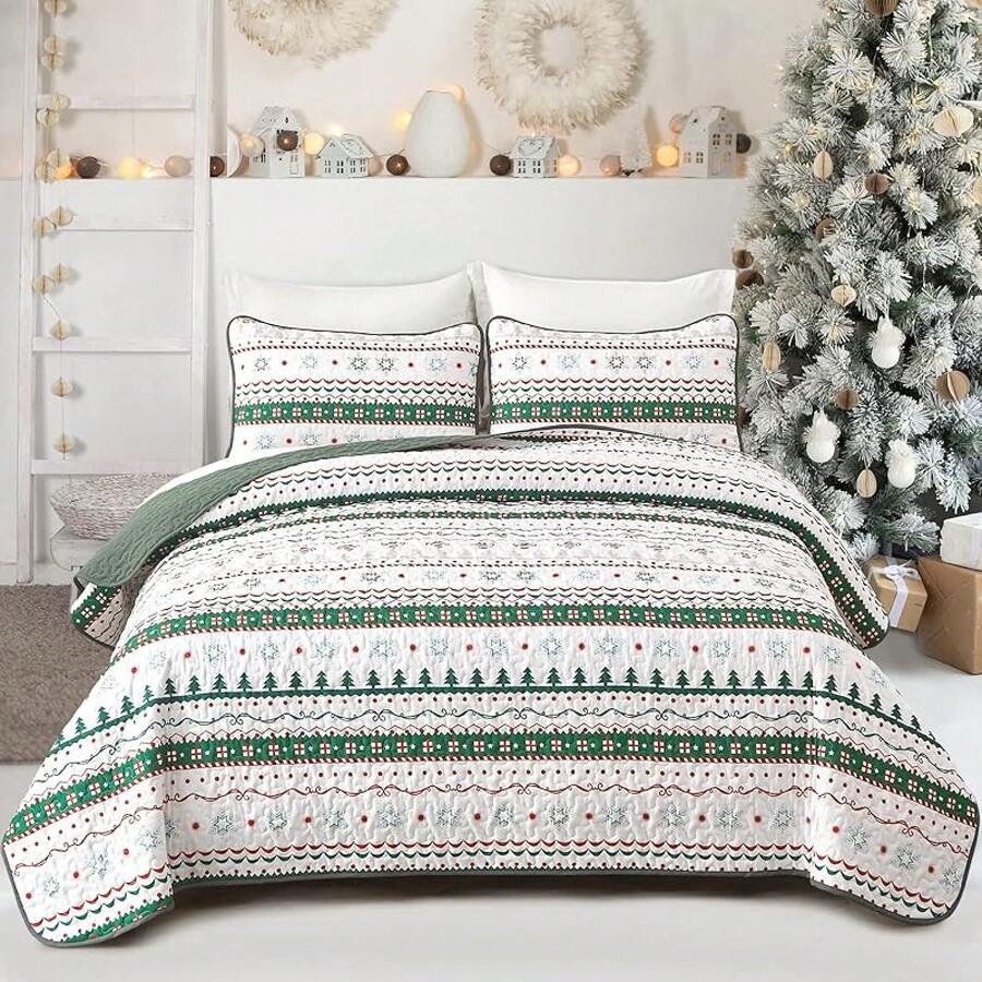 Floral Plaid Patchwork Quilt Set King Size, Reversible Brown Bedding Set Soft Microfiber Lightweight Bedspread Coverlet 3 Piece All - Season Use (104x90 Inches) - 聖誕樹 - 查看 1