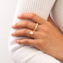 Cubic Zirconia Gold Rings Women Non Tarnish  Dainty 14K Gold Plated Stackable Princess Cut Engagement Ring Set Wedding Promise Rings Her Jewelry Size 6 8 9 10 11 - A-2 pcs Cincin CZ Persegi + 11 - View 4