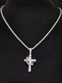 1件立方氧化锆十字架及可活动皇冠吊坠，搭配3毫米不锈钢扭链项链，男女皆宜的嘻哈朋克十字架吊坠项链，时尚优雅复古首饰，适合日常佩戴或派对，情人节礼物 - 金黃色 - 查看 3