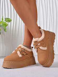 秋冬季女士厚底雪地靴，保暖内衬，带毛皮 - 棕色 - 查看 3