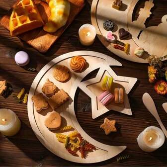 1pc Moon & Star Pattern Wooden Tray, Decorative Serving Tray For Snacks, Dried Fruits, Nuts, Desserts, Tabletop Or Wall Decor, Rustic & Minimalist Design, Suitable For Living Room, Dining Room, Eid Al-Fitr, Eid Al-Adha, Arab Festivals, Islamic Festivals