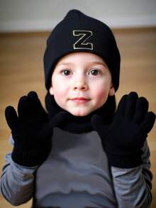 3件套：帽子、围巾、手套，A-Z字母印花，纯色设计，适合日常休闲穿着，男女通用，秋冬季节保暖性极佳 - 黑色 - 查看 2