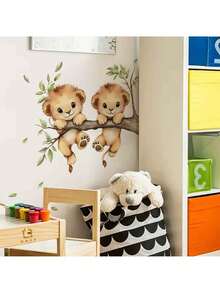 BRUP 1张可爱小狮子墙贴，配以树枝、绿叶和彩色蝴蝶，可移除，即撕即贴，适合儿童房装饰，充满奇思妙想的主题艺术