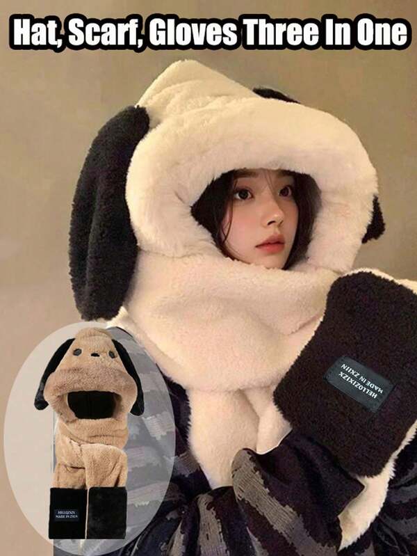 1pc Winter Outdoor Warm Hat, Scarf, Gloves, One Piece Paqia Dog Cute Plush Hat, Ear Protection Scarf, One Piece Hat, Dog Ear Decoration, Cute Warm Hat With Thick Fur Inside, Warm Three In One Plush Hat, Winter Warm Fur Scarf, Warm Gloves, Plush Fabric, Warm And Comfortable Hat, Scarf, Gloves, Three In One