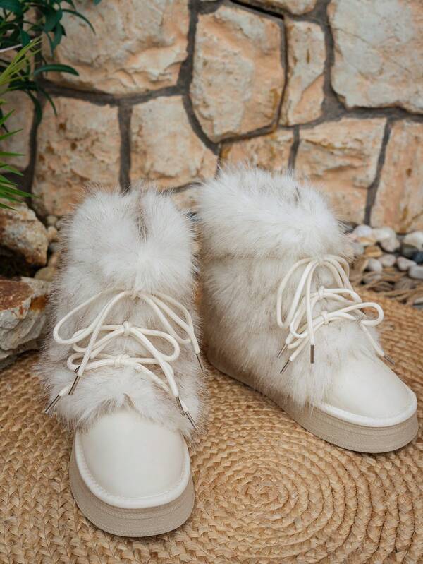 بوت ثلج نسائية متوسطة الطول مبطنة بفرو صناعي سميك مع رباط، وأرضية مانعة للانزلاق، دافئة ومريحة للشتاء