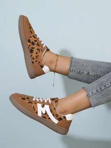 1双透气系带休闲运动鞋，豹纹印花跑步鞋，男女童均适用，2025新款时尚休闲运动鞋，适合春、夏、秋季穿着 - 棕色 - 查看 2