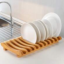 Frcctre Bamboo Dish Drying Rack, 10 Slots Bamboo Cabinet Plate Stand Dish Drainer Wooden Plate Rack Pot Lid Holder Kitchen Dish Plate Storage Organizer For Countertop Cabinet{Inchcolorinch:InchNatural Bambooinch} - 天然竹子 - 查看 7