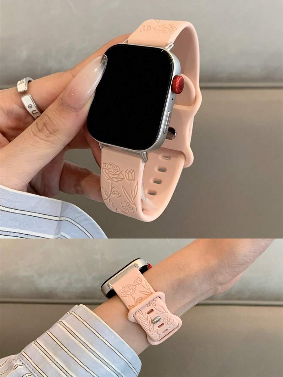 1 buah Tali Jam Tangan Silikon Motif Mawar Wanita, Kompatibel dengan Watch Fit 1/Fit 2/Fit 3/Fit 4/Fit 4 Pro - Berwarna merah muda - View 1