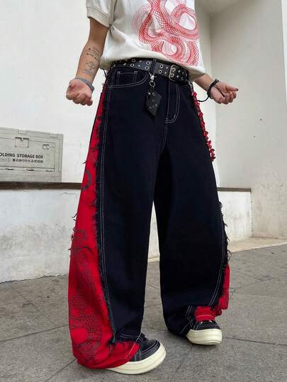 1pc American Streetwear Print Men Loose Fit Wide Leg Jeans With Frayed Hem, Casual Relaxed Fit Pants For Everyday Wear, No Belt & Accessories