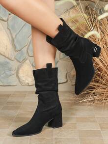 Bottes de cheville mode femme automne/hiver, bottes de cheville style français polyvalentes à talon épais, Glissant, nouvelles bottes de cheville, bottes de cheville à talons hauts style western pour le bureau et les déplacements, bottes de cowboy - Noir - Voir 4