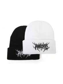 1件或2件哥特式男士刺绣围巾针织帽，时尚街头滑雪帽，保暖百搭的寒冷天气帽，宽松版型。 - 彩色 - 查看 4