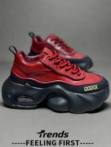 One Size Bigger (Order One Size Down) High Quality Men's High Heel Fashion Sneakers, New Spring/Summer Non-Slip Comfortable Bohemian Air Cushion Shock Absorbing Platform Casual Shoes, Niche Personalized Design Chunky Sneakers, Suitable For Brand - Red - View 5