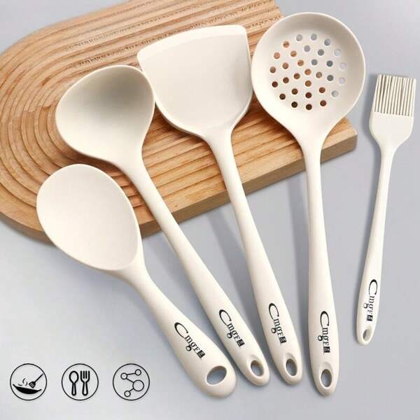 6pcs Milky White Silicone Cooking Set (With Stand) Non-Stick Pot Kitchenware, Kitchen Small Tool Set, Heat Resistant Cooking Tools, Essential Cooking Set For Frying Fish, Scrambling Eggs, Searing Steak