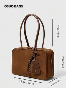 1pc Solid Color Suede Tote Bag, Versatile Commuter Boston Handbag With Large Capacity, Shoulder & Top Handle, Comes With Accessory Charm, Autumn/Winter - Coffee - View 6